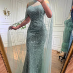 Arabic Purple Mermaid Cape Sleeves Beaded Luxury Long Evening Dresses Gowns 2025 For Woman Wedding Party LA71992