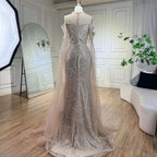 Arabic Purple Mermaid Cape Sleeves Beaded Luxury Long Evening Dresses Gowns 2025 For Woman Wedding Party LA71992