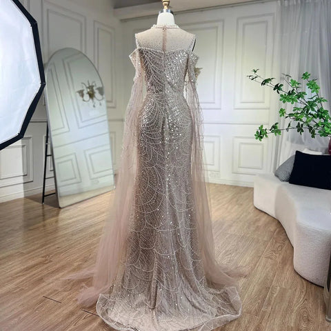 Robe de soirée longue de luxe style sirène, manches cape, perles, style arabe violet, pour femme, tenue de mariage, LA71992, 2025 