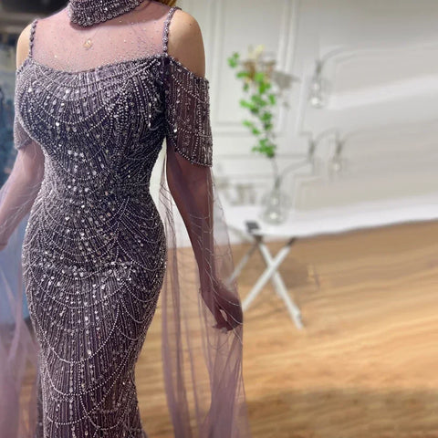 Robe de soirée longue de luxe style sirène, manches cape, perles, style arabe violet, pour femme, tenue de mariage, LA71992, 2025 