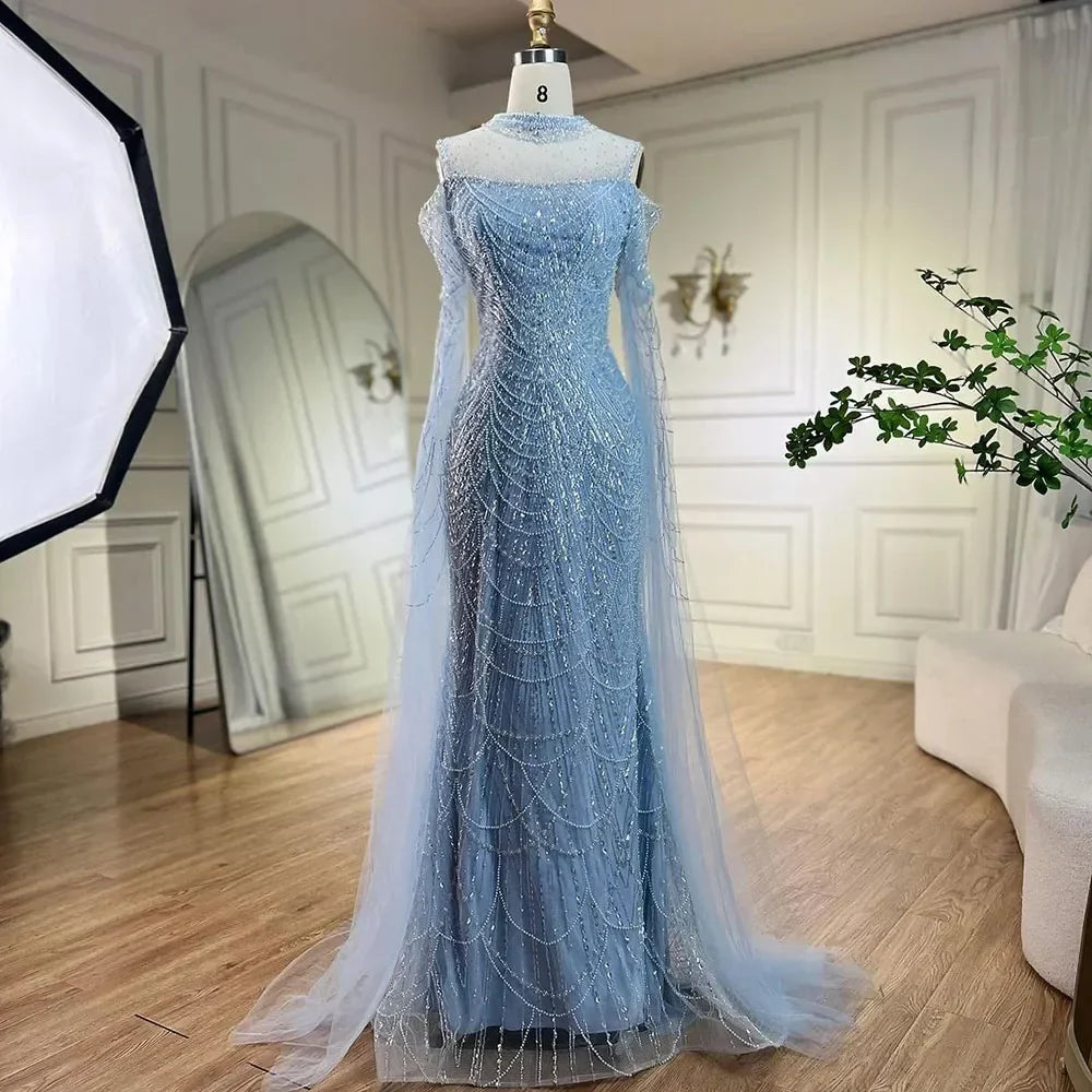 Arabic Purple Mermaid Cape Sleeves Beaded Luxury Long Evening Dresses Gowns 2025 For Woman Wedding Party LA71992