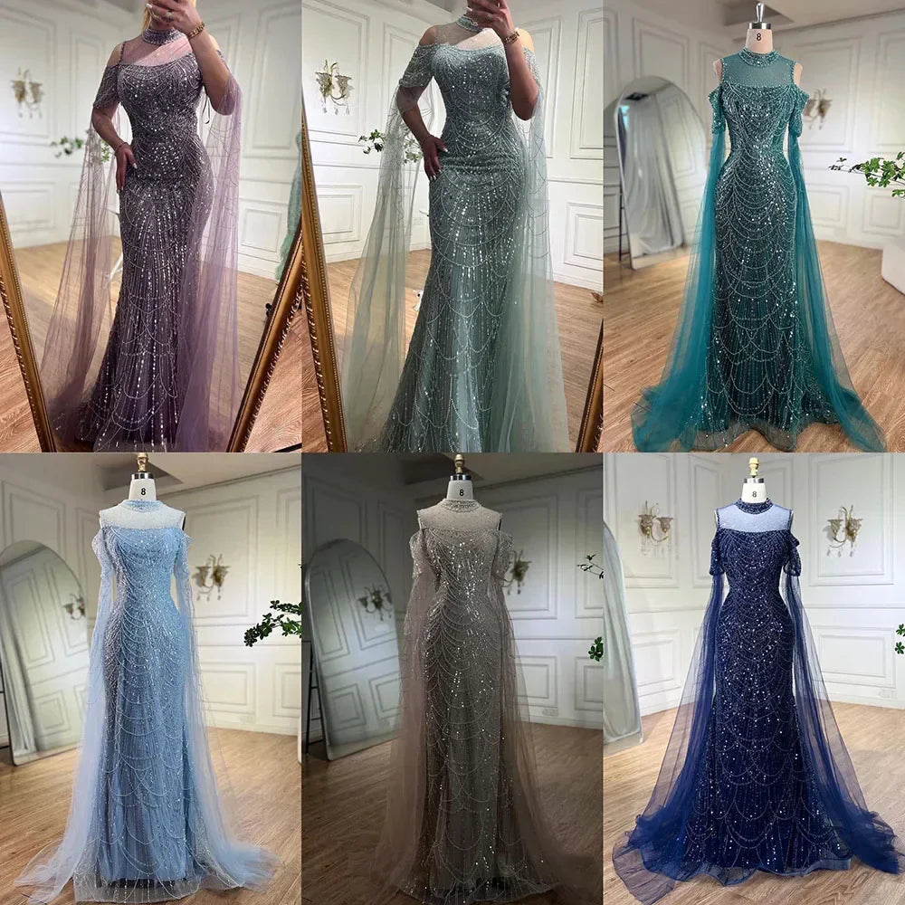 Arabic Purple Mermaid Cape Sleeves Beaded Luxury Long Evening Dresses Gowns 2025 For Woman Wedding Party LA71992