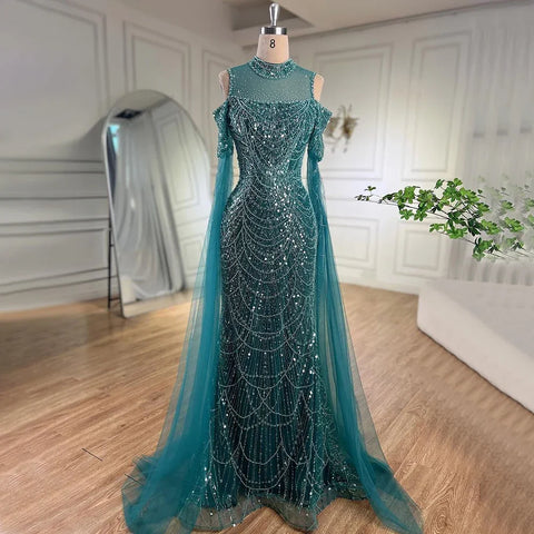 Robe de soirée longue de luxe style sirène, manches cape, perles, style arabe violet, pour femme, tenue de mariage, LA71992, 2025 