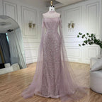 Arabic Purple Mermaid Cape Sleeves Beaded Luxury Long Evening Dresses Gowns 2025 For Woman Wedding Party LA71992