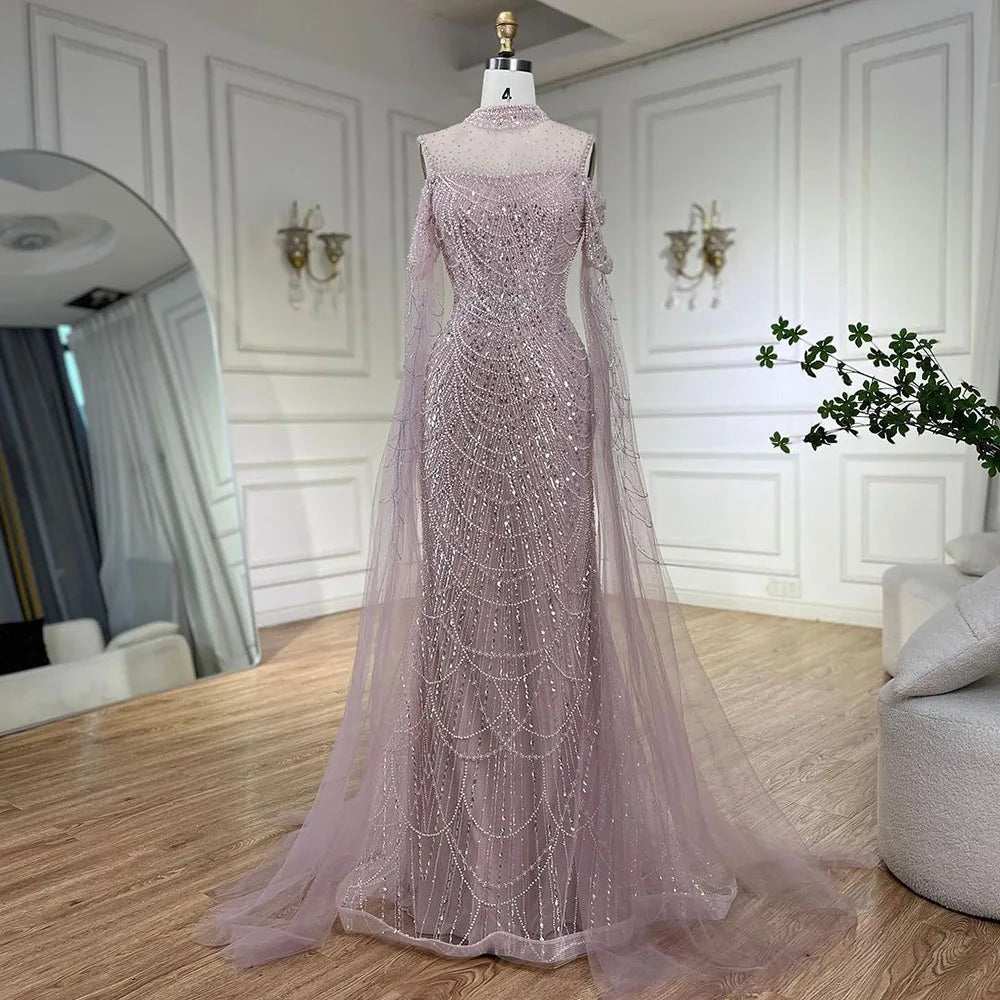 Arabic Purple Mermaid Cape Sleeves Beaded Luxury Long Evening Dresses Gowns 2025 For Woman Wedding Party LA71992