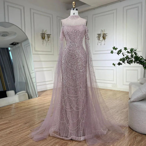 Robe de soirée longue de luxe style sirène, manches cape, perles, style arabe violet, pour femme, tenue de mariage, LA71992, 2025 
