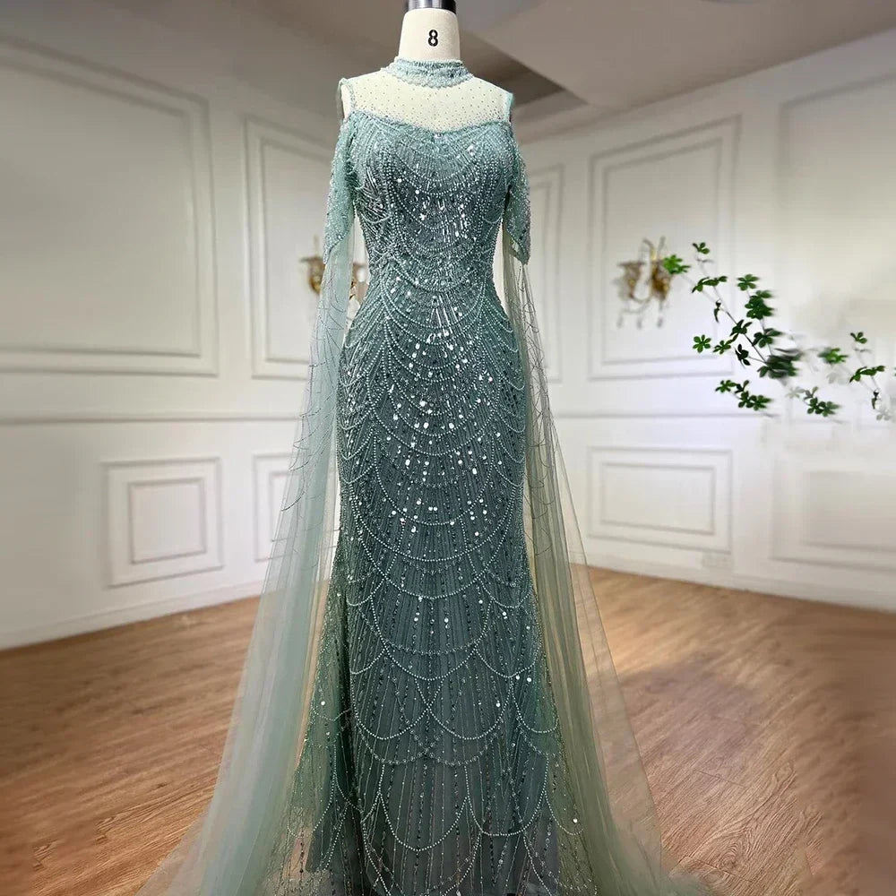 Arabic Purple Mermaid Cape Sleeves Beaded Luxury Long Evening Dresses Gowns 2025 For Woman Wedding Party LA71992