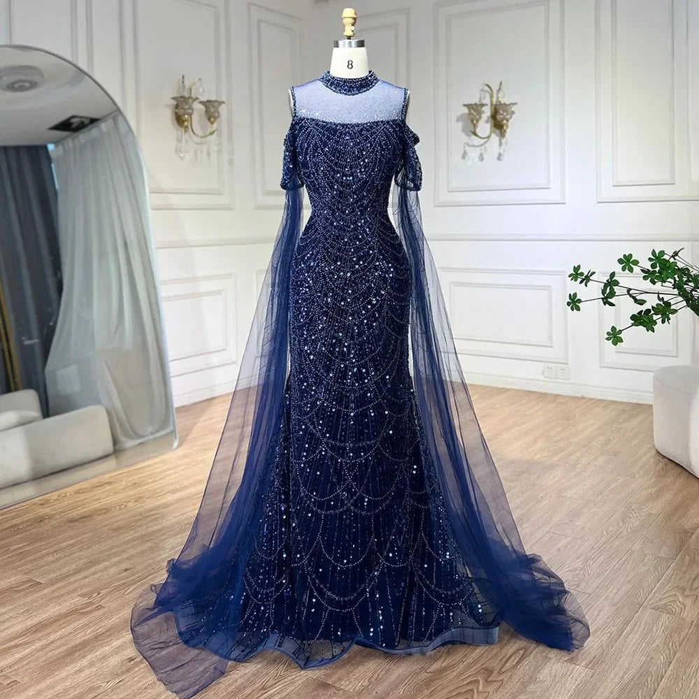 Arabic Purple Mermaid Cape Sleeves Beaded Luxury Long Evening Dresses Gowns 2025 For Woman Wedding Party LA71992