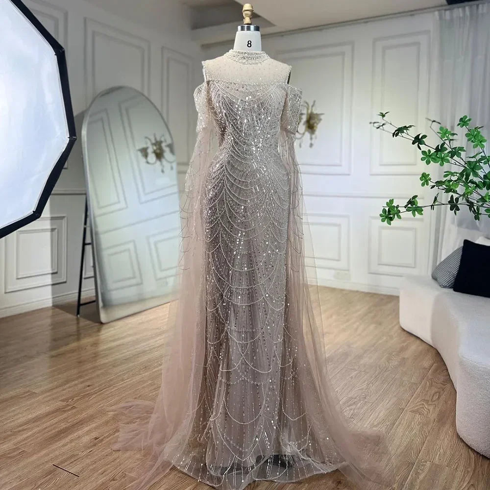 Arabic Purple Mermaid Cape Sleeves Beaded Luxury Long Evening Dresses Gowns 2025 For Woman Wedding Party LA71992