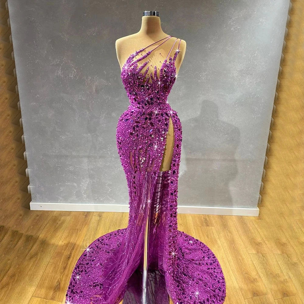 Robe de soirée sirène violette style arabe, asymétrique, fendue, luxueuse, avec perles, pour femme, 2025, LA71820 