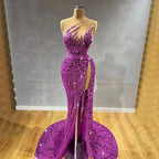 Robe de soirée sirène violette style arabe, asymétrique, fendue, luxueuse, avec perles, pour femme, 2025, LA71820 