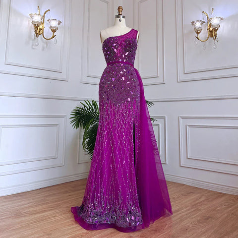 Robe de soirée sirène violette style arabe, asymétrique, fendue, luxueuse, avec perles, pour femme, 2025, LA71820 