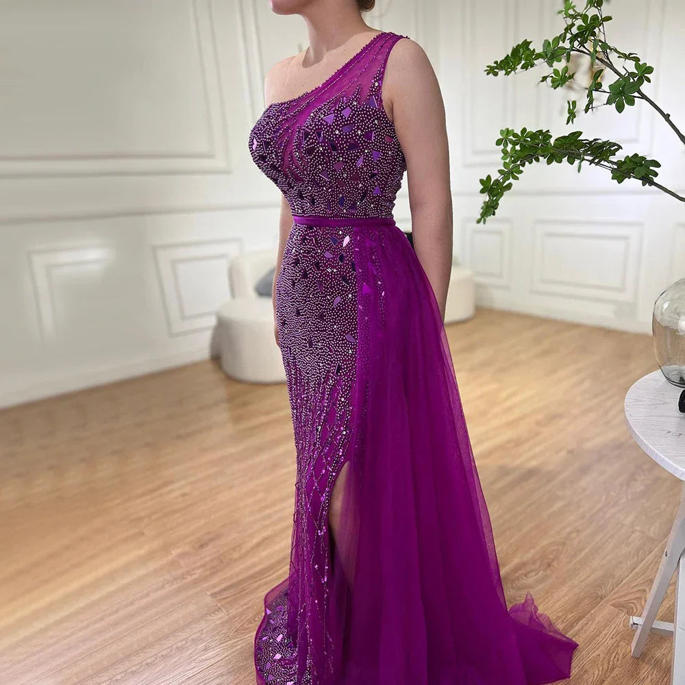 Robe de soirée sirène violette style arabe, asymétrique, fendue, luxueuse, avec perles, pour femme, 2025, LA71820 