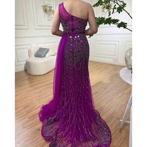 Robe de soirée sirène violette style arabe, asymétrique, fendue, luxueuse, avec perles, pour femme, 2025, LA71820 