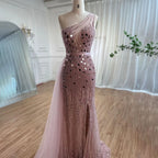 Robe de soirée sirène violette style arabe, asymétrique, fendue, luxueuse, avec perles, pour femme, 2025, LA71820 