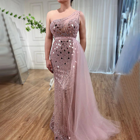 Robe de soirée sirène violette style arabe, asymétrique, fendue, luxueuse, avec perles, pour femme, 2025, LA71820 