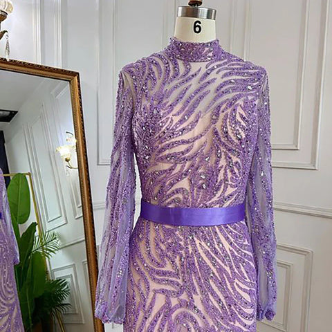 Robe de soirée sirène violette à col montant et manches bouffantes, élégante et perlée, pour femme, modèle LA71815, 2025 