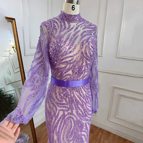 Robe de soirée sirène violette à col montant et manches bouffantes, élégante et perlée, pour femme, modèle LA71815, 2025 