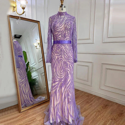 Robe de soirée sirène violette à col montant et manches bouffantes, élégante et perlée, pour femme, modèle LA71815, 2025 