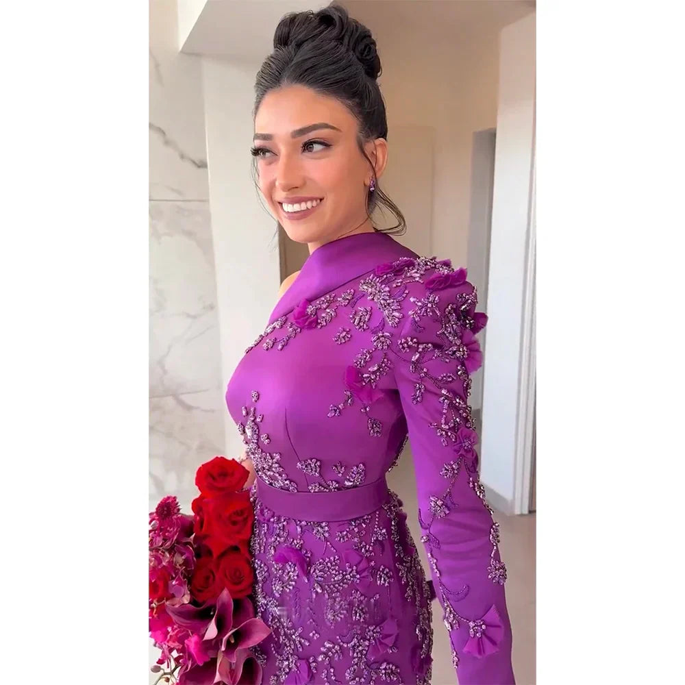 Vestidos de noche de lujo estilo sirena, color púrpura árabe, satén, encaje y cuentas, inspirados en Dubái, elegantes para mujer, ideales para fiestas (LA72179) 