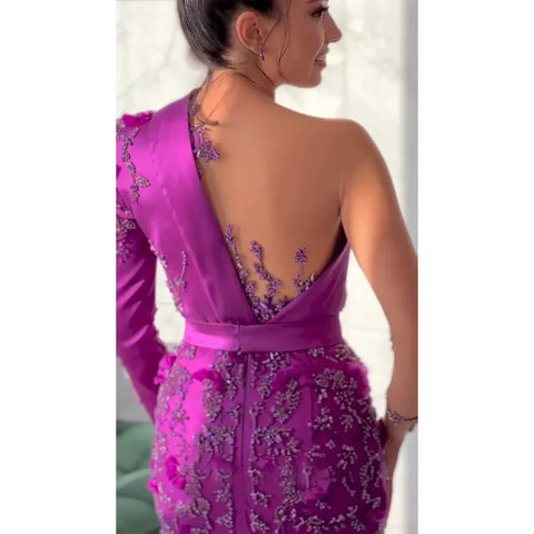 Robe de soirée sirène en satin violet, luxueuse et élégante, en dentelle et perles, style Dubaï, pour femme, modèle LA72179, 2025 