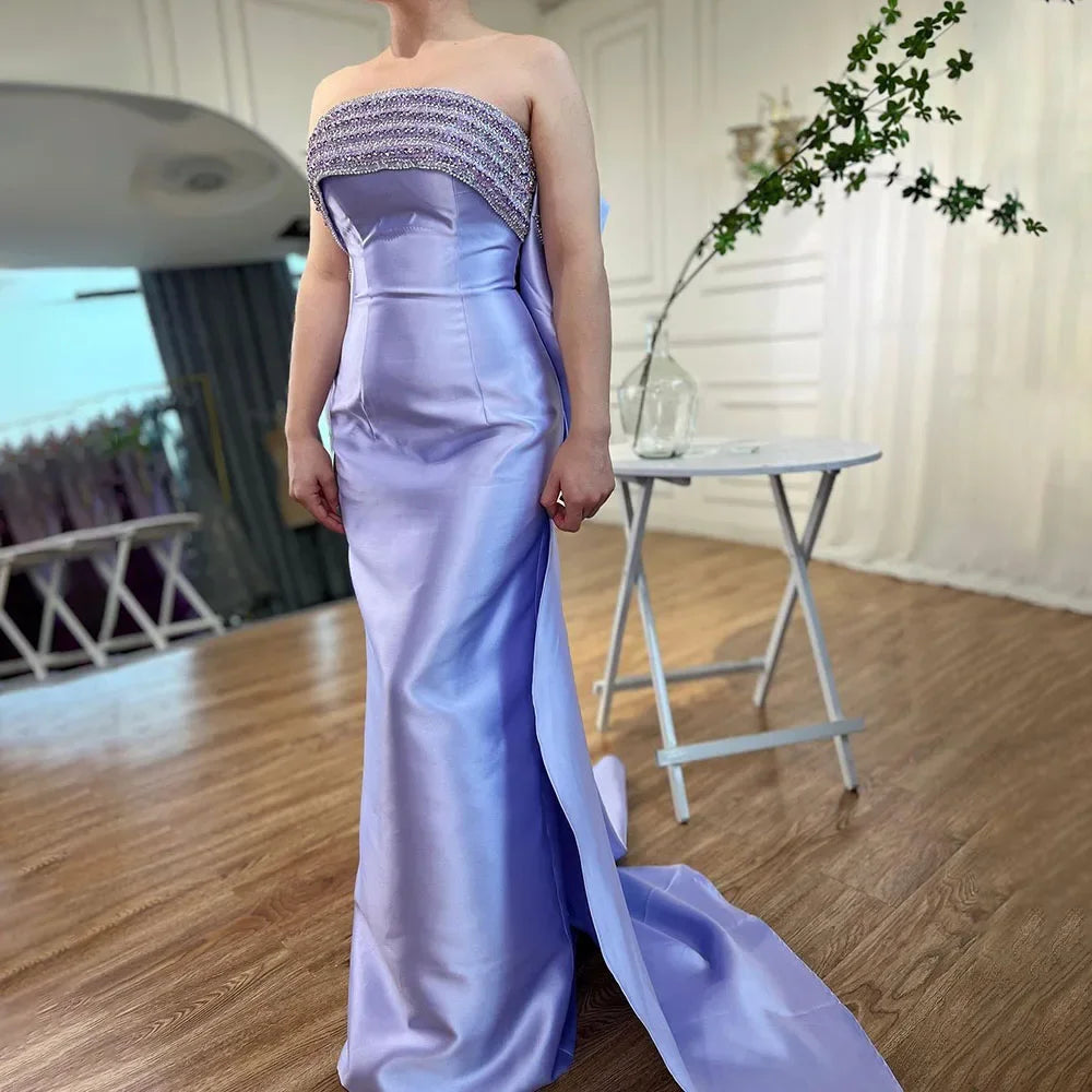 Arabic Purple Mermaid Satin Strapless With Jacket Beaded Evening Dresses Gowns 2025 For Women Wedding Party LA71897