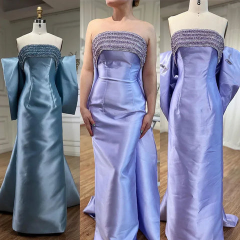 Robe de soirée sirène en satin violet arabe, sans bretelles, avec veste et perles, pour femme, tenue de mariage, modèle 2025, LA71897 