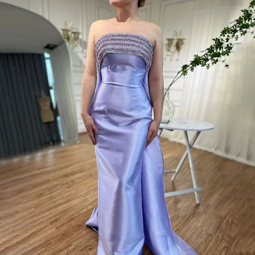 Arabic Purple Mermaid Satin Strapless With Jacket Beaded Evening Dresses Gowns 2025 For Women Wedding Party LA71897