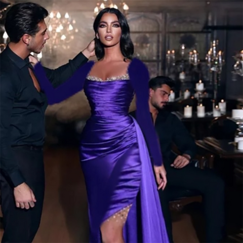 Robe de soirée sirène en satin violet arabe, sexy, fendue sur le côté, avec jupe, pour femme, modèle LA71956, 2025 