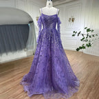 Vestido de noche de lujo estilo árabe, corte A, con tirantes finos, mangas largas y bordado a mano, de color púrpura, estilo Dubái, colección 2025 LA72234 