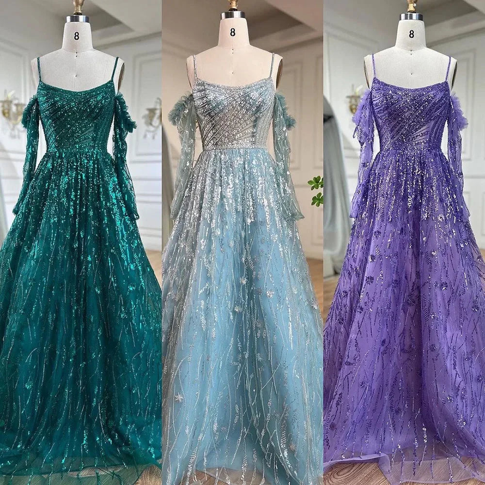 Vestido de noche de lujo estilo árabe, corte A, con tirantes finos, mangas largas y bordado a mano, de color púrpura, estilo Dubái, colección 2025 LA72234 