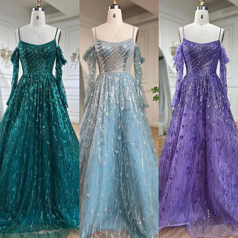 Robe de soirée de luxe style A-Line, violette, sexy, bretelles spaghetti, manches longues, perles, style Dubaï, 2025, LA72234 