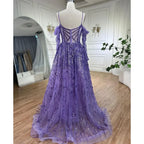 Vestido de noche de lujo estilo árabe, corte A, con tirantes finos, mangas largas y bordado a mano, de color púrpura, estilo Dubái, colección 2025 LA72234 