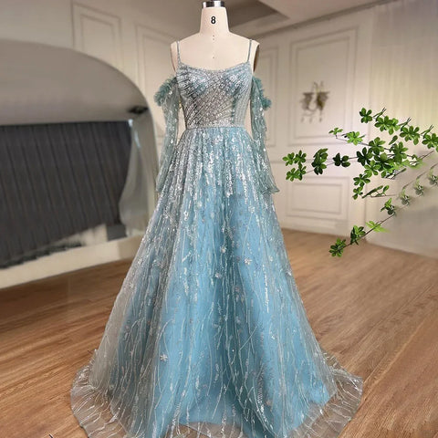 Robe de soirée de luxe style A-Line, violette, sexy, bretelles spaghetti, manches longues, perles, style Dubaï, 2025, LA72234 