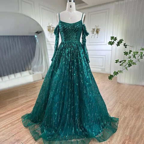 Robe de soirée de luxe style A-Line, violette, sexy, bretelles spaghetti, manches longues, perles, style Dubaï, 2025, LA72234 