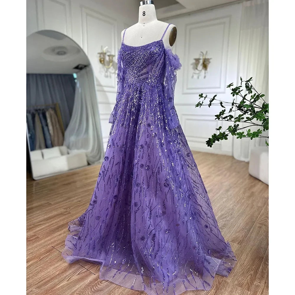 Vestido de noche de lujo estilo árabe, corte A, con tirantes finos, mangas largas y bordado a mano, de color púrpura, estilo Dubái, colección 2025 LA72234 