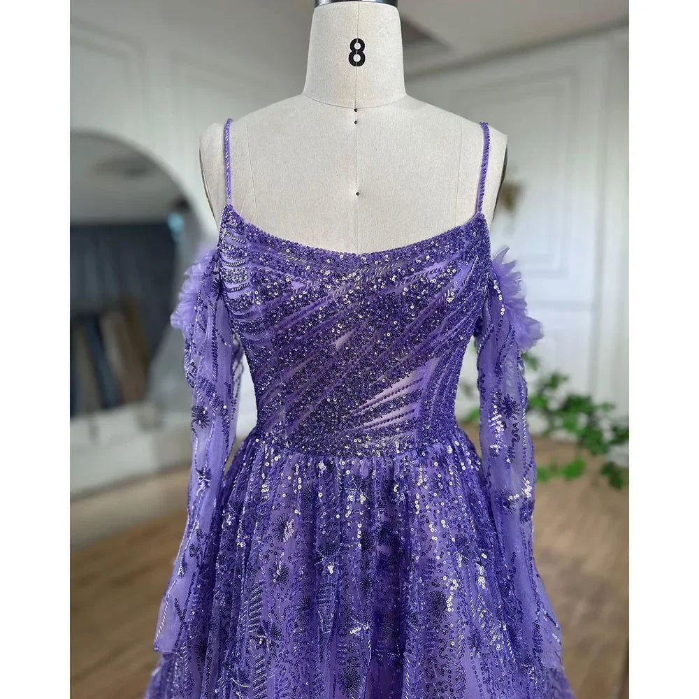 Vestido de noche de lujo estilo árabe, corte A, con tirantes finos, mangas largas y bordado a mano, de color púrpura, estilo Dubái, colección 2025 LA72234 