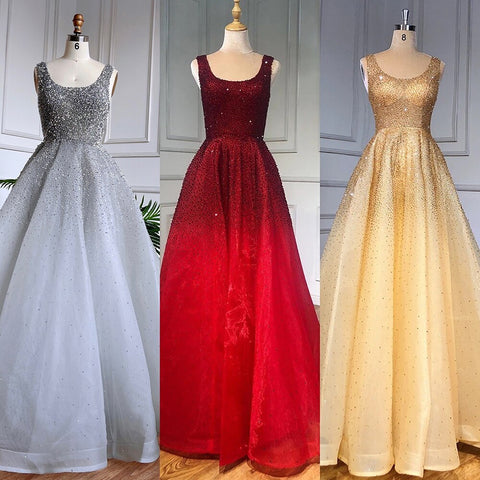 Robe de soirée rouge style arabe, coupe trapèze, luxueuse, ornée de perles et de cristaux, style Dubaï, pour femme, tenue de mariage, LA70232A, 2025 