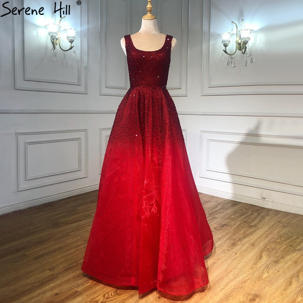 Robe de soirée rouge style arabe, coupe trapèze, luxueuse, ornée de perles et de cristaux, style Dubaï, pour femme, tenue de mariage, LA70232A, 2025 