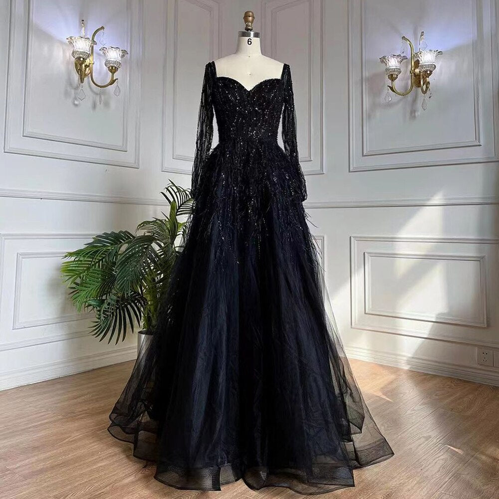 Arabic Luxury Beaded Handmade Feathers Evening Dress 2025 LA71468