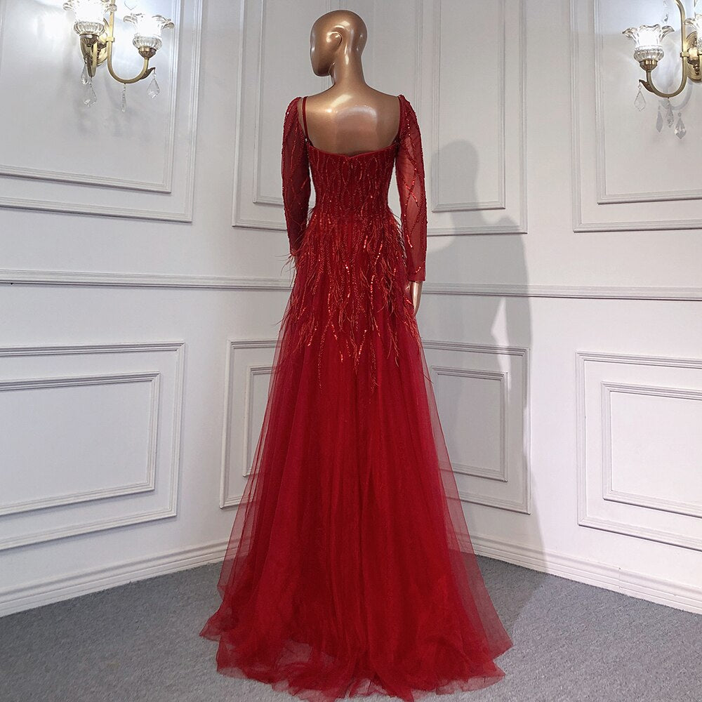 Robe de soirée de luxe arabe en plumes et perles faites à la main 2025 LA71468