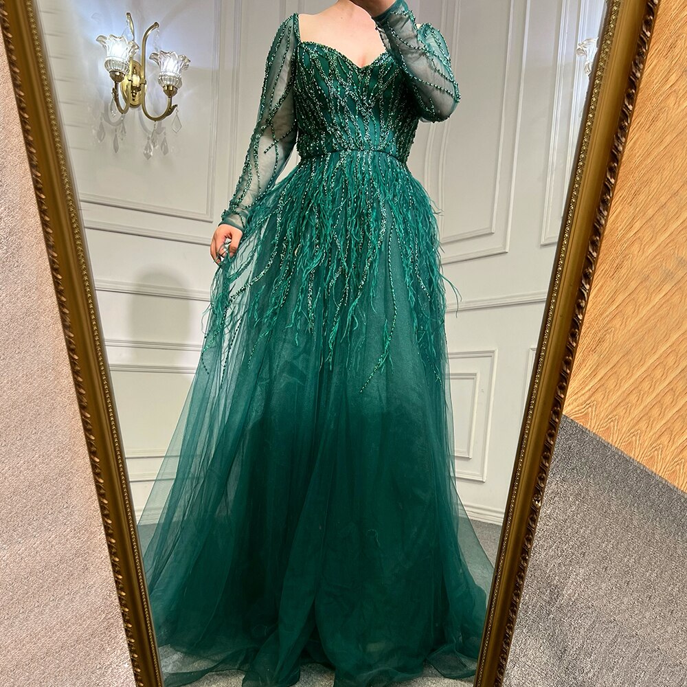 Arabic Luxury Beaded Handmade Feathers Evening Dress 2025 LA71468