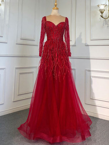 Robe de soirée de luxe arabe en plumes et perles faites à la main 2025 LA71468