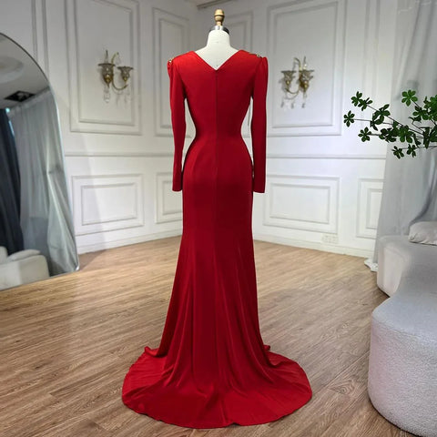 Robe sirène rouge arabe pour femme, élégante, à pompons, perlée, luxueuse, robe de soirée de Dubaï, pour mariage, LA72558 