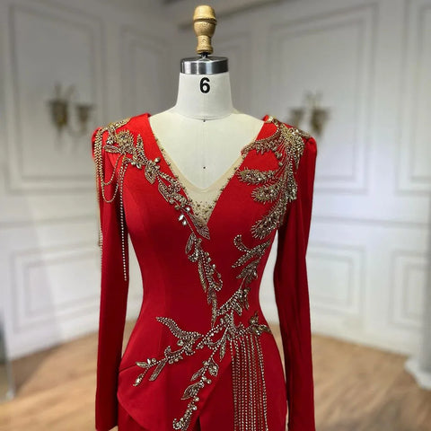 Robe sirène rouge arabe pour femme, élégante, à pompons, perlée, luxueuse, robe de soirée de Dubaï, pour mariage, LA72558 