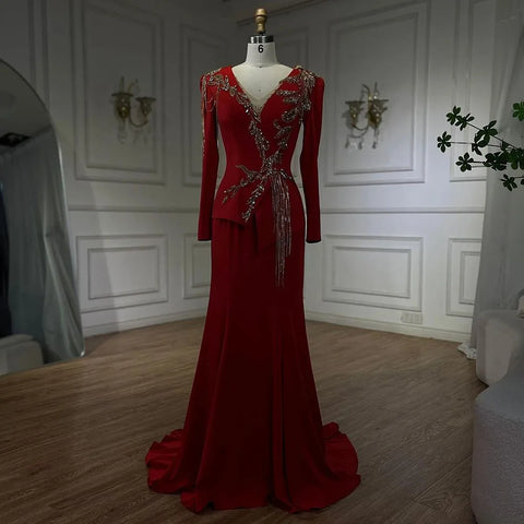 Robe sirène rouge arabe pour femme, élégante, à pompons, perlée, luxueuse, robe de soirée de Dubaï, pour mariage, LA72558 