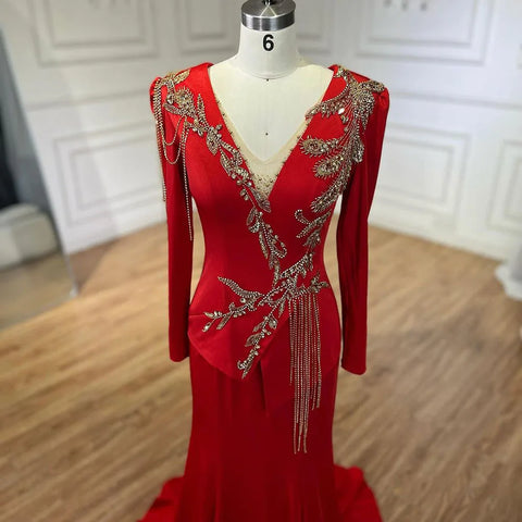 Robe sirène rouge arabe pour femme, élégante, à pompons, perlée, luxueuse, robe de soirée de Dubaï, pour mariage, LA72558 