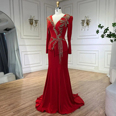 Robe sirène rouge arabe pour femme, élégante, à pompons, perlée, luxueuse, robe de soirée de Dubaï, pour mariage, LA72558 