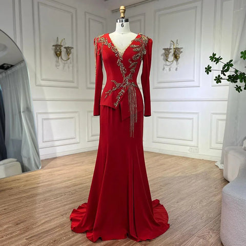Robe sirène rouge arabe pour femme, élégante, à pompons, perlée, luxueuse, robe de soirée de Dubaï, pour mariage, LA72558 