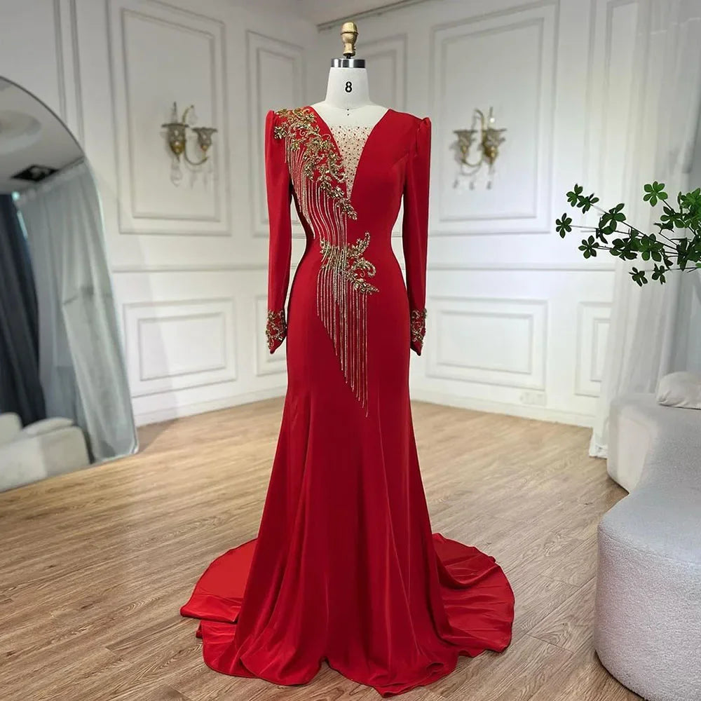 Arabic Red Mermaid Elegant Tassel Beaded Luxury Dubai Evening Dresses Gowns 2025 For Women Wedding Party LA72494